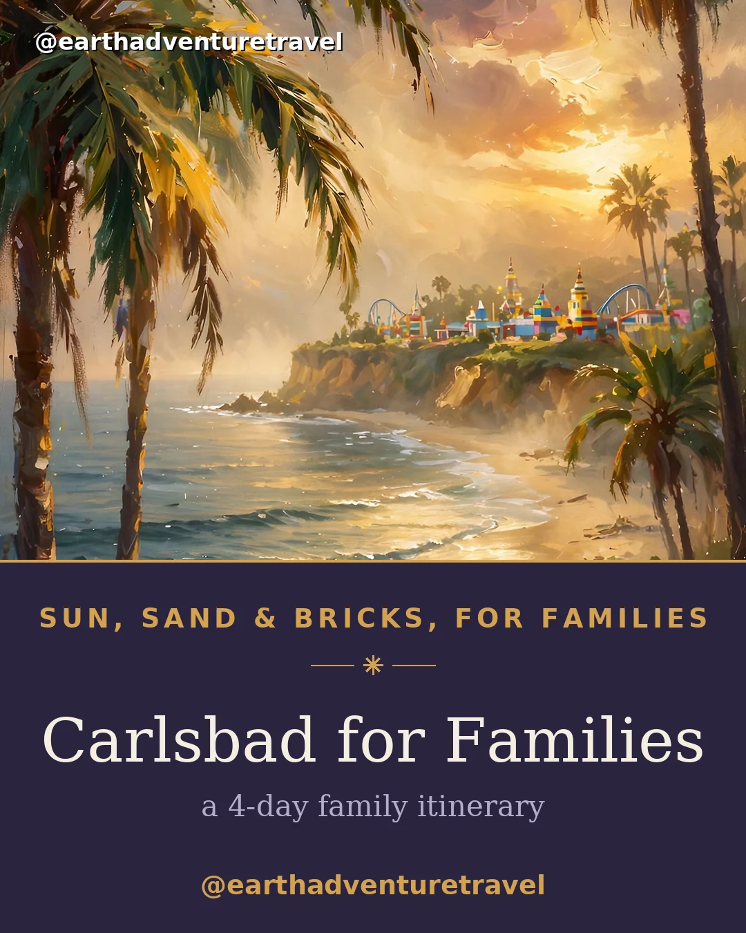 Illustrated Carlsbad family guide cover: a brick castle on the bluffs above a golden-hour beach with sailboats
