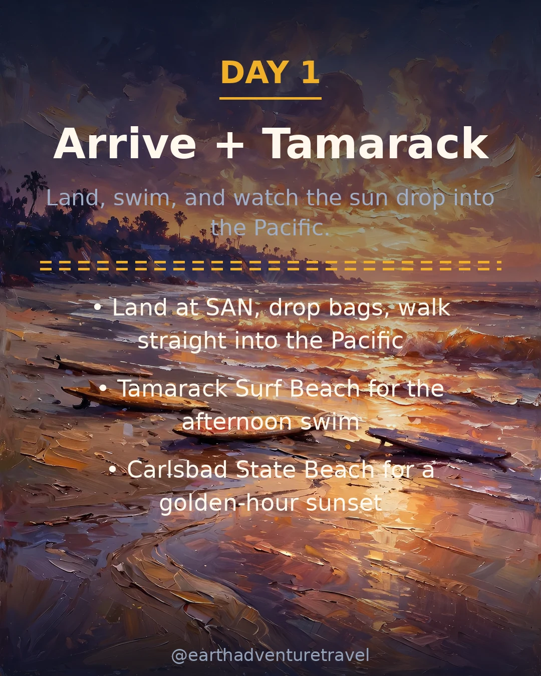 Day 1 graphic: arriving at Tamarack Surf Beach in Carlsbad