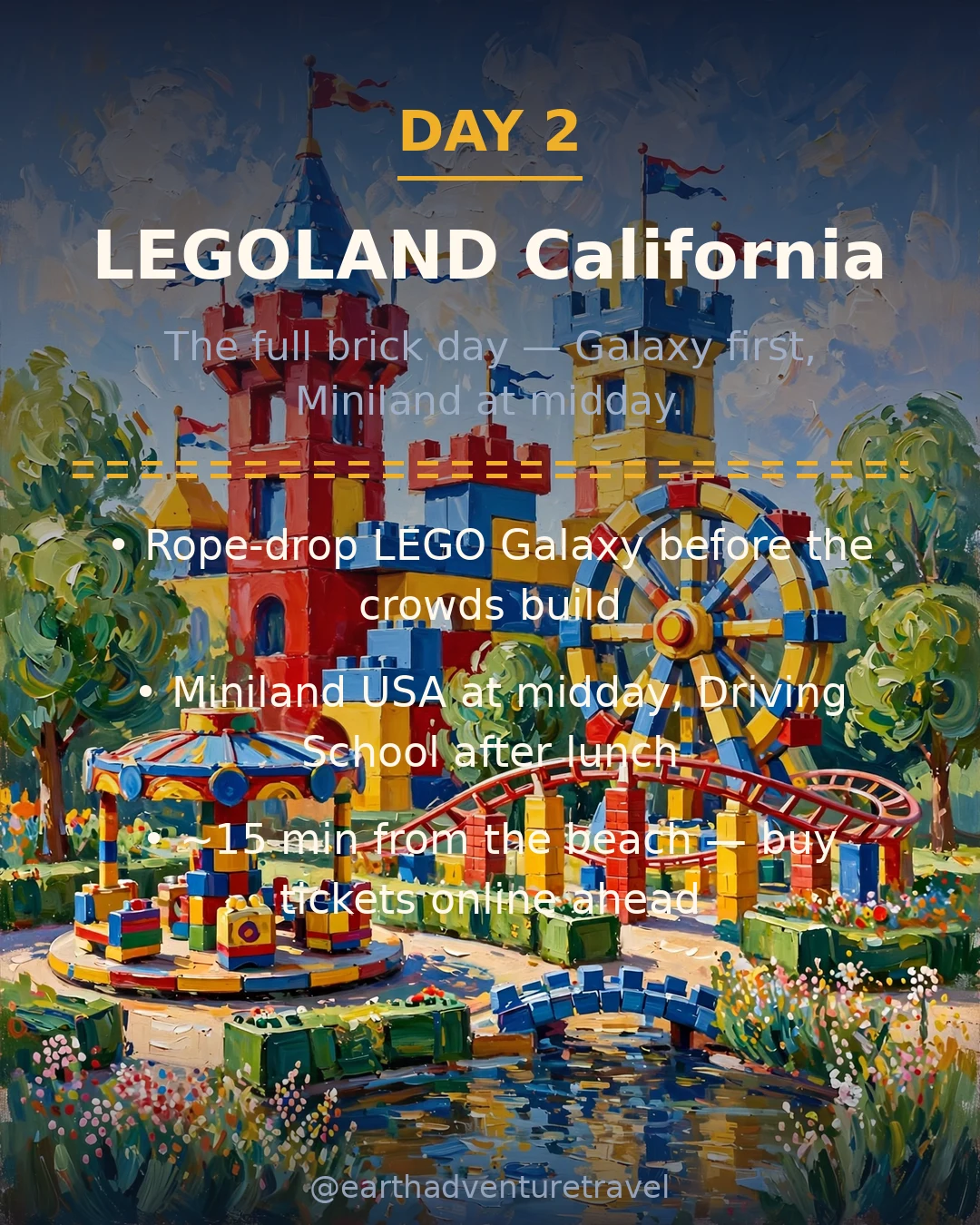 Day 2 graphic: the brick castle and dragon coaster at LEGOLAND California