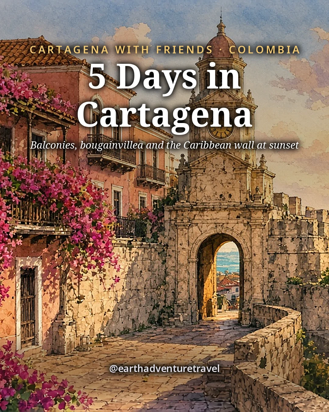 Illustration: the cover for 5 Days in Cartagena, a stone gateway in the old walls with balconies and bougainvillea