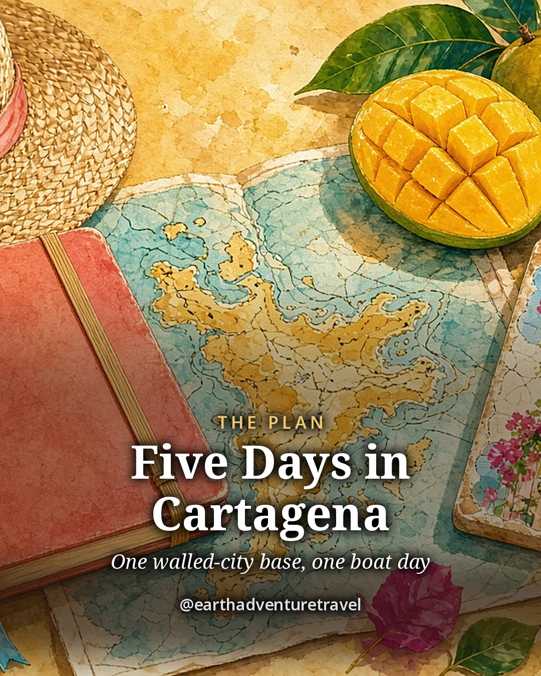 Illustration: the five-day Cartagena plan card, an open map and notebook beside a sliced mango on a sunny table