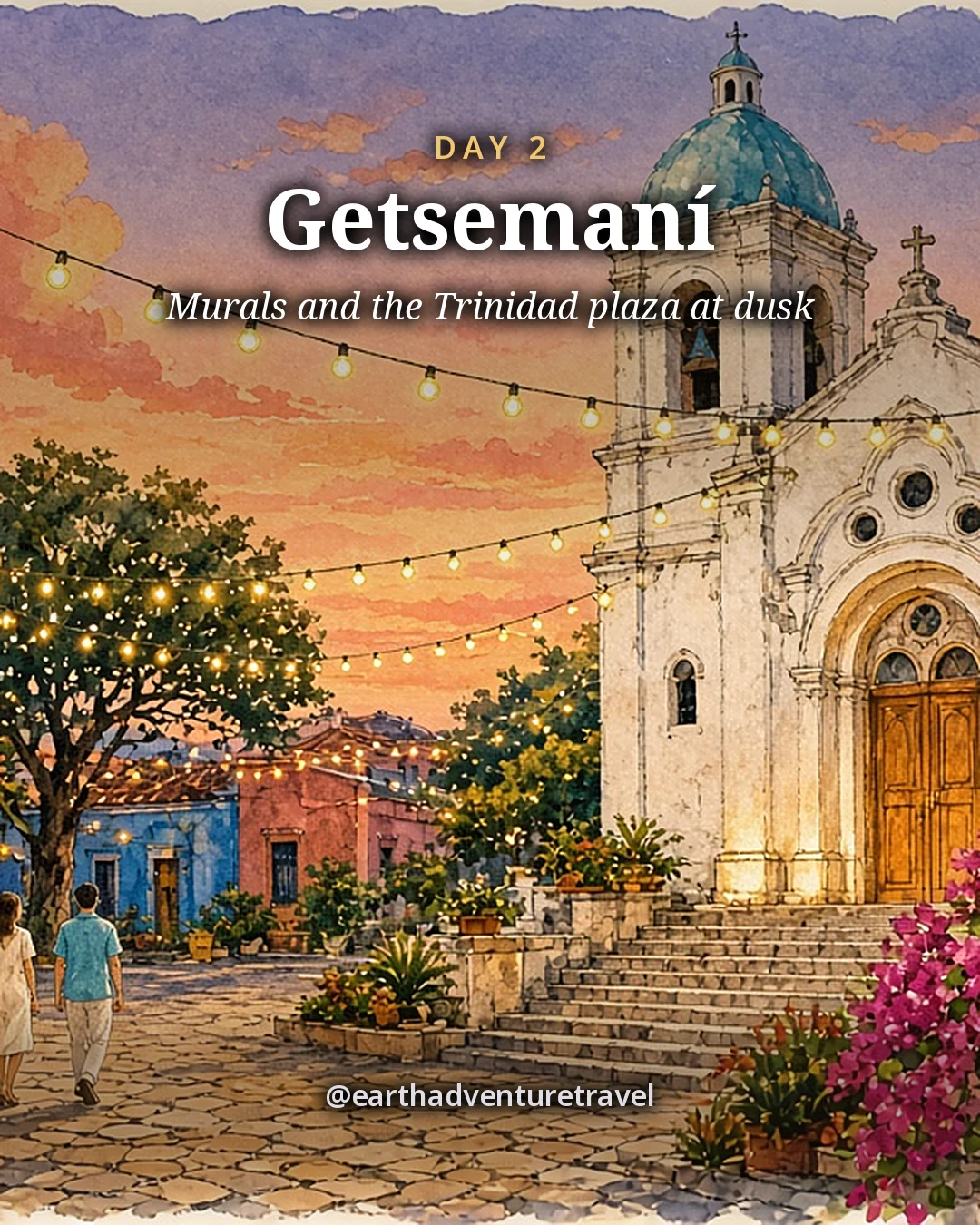 Illustration: a white church on a plaza in Getsemaní under string lights at dusk, illustrated day card for Day 2