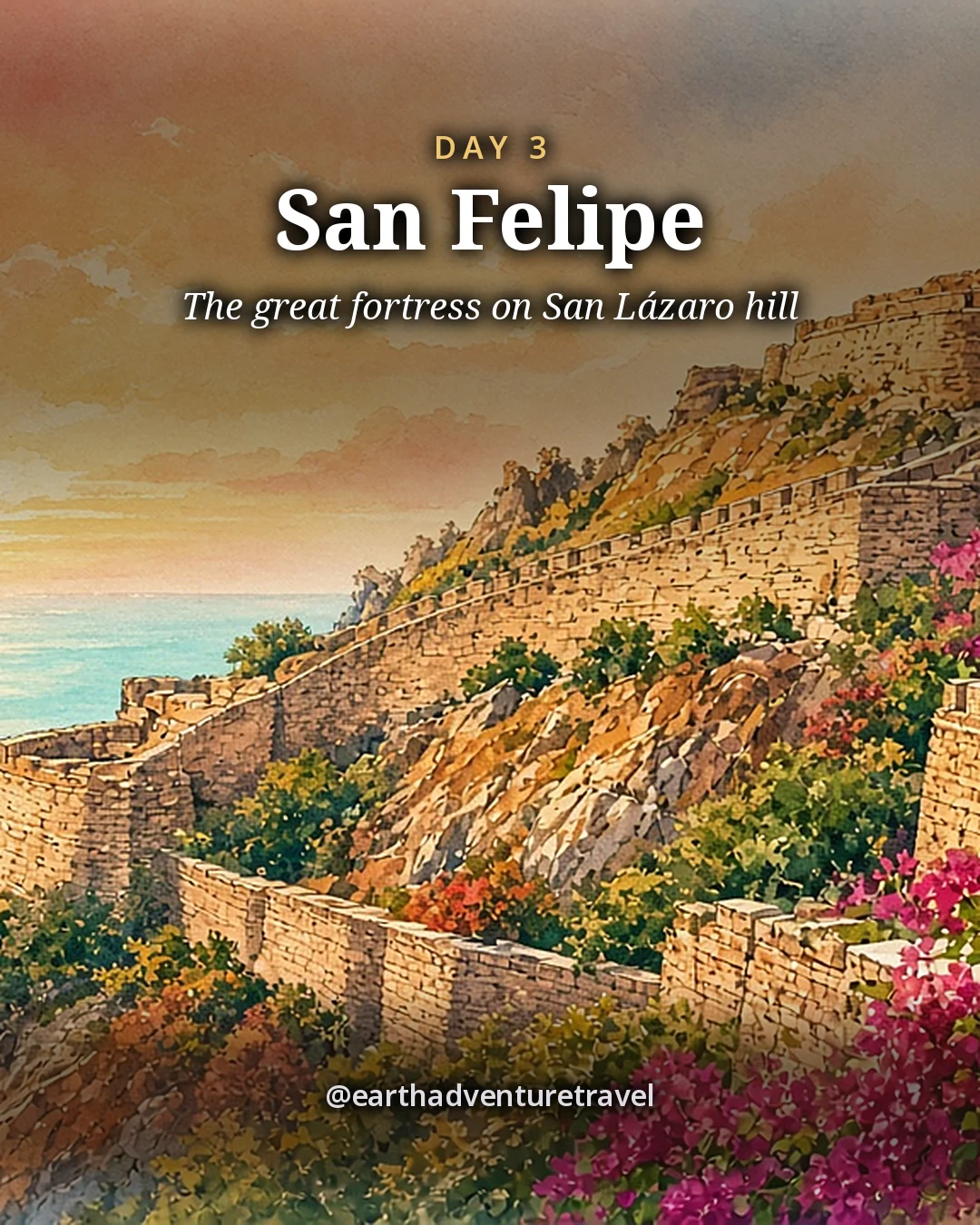 Illustration: the stone walls of Castillo San Felipe de Barajas climbing a hill, bougainvillea in front, illustrated day card for Day 3