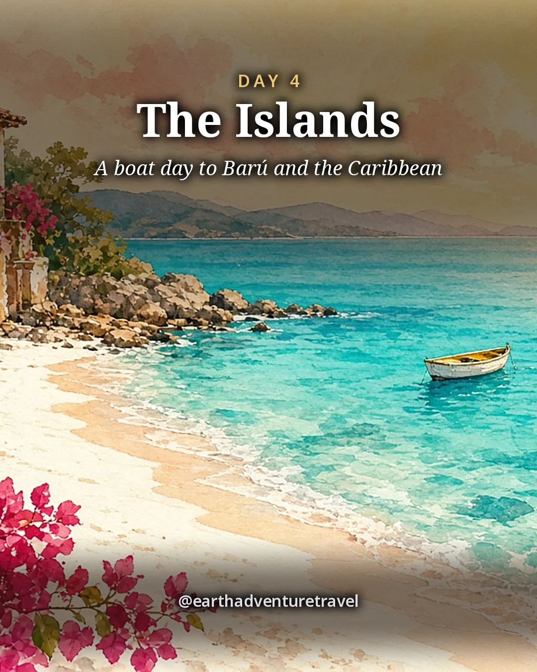 Illustration: a small boat on turquoise water off a white-sand island beach, illustrated day card for Day 4