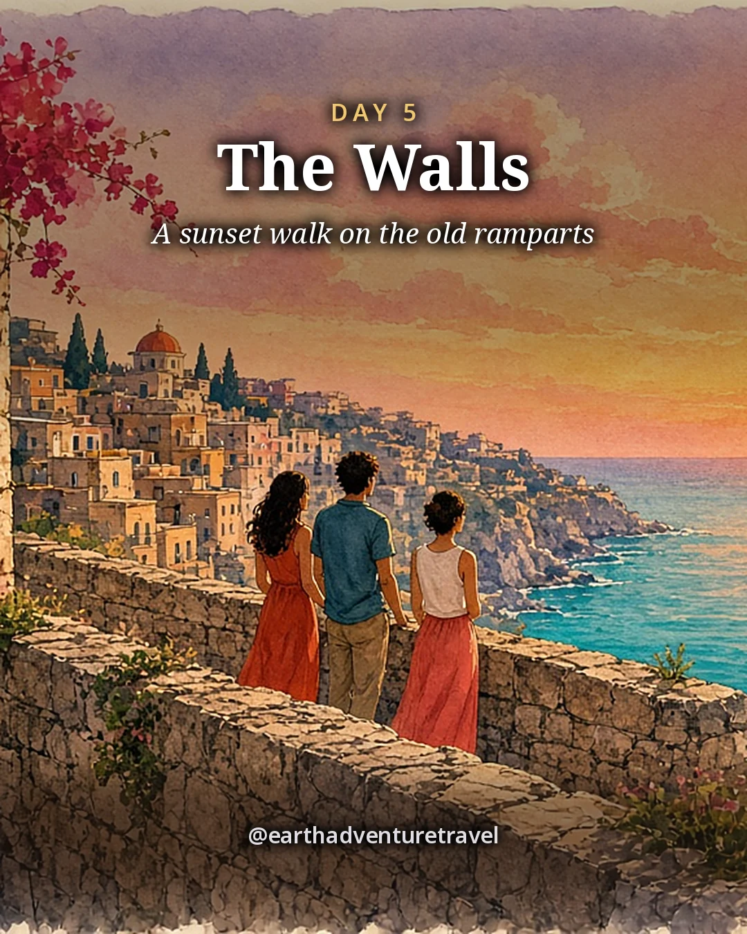 Illustration: three friends seen from behind on the old city walls at sunset, illustrated day card for Day 5