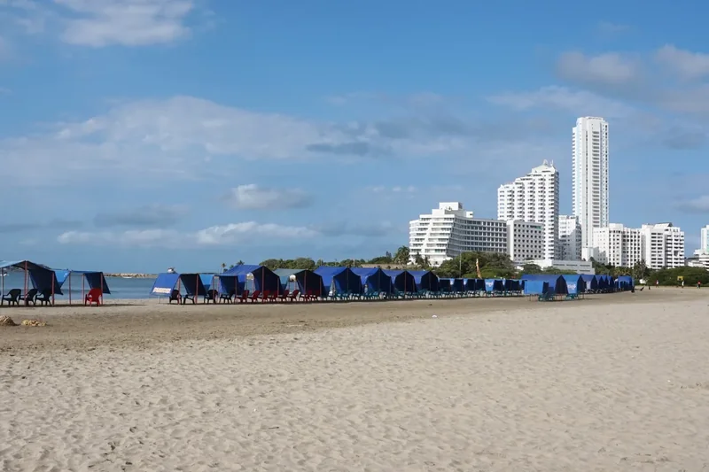 Bocagrande beach with blue umbrellas and high-rise towers