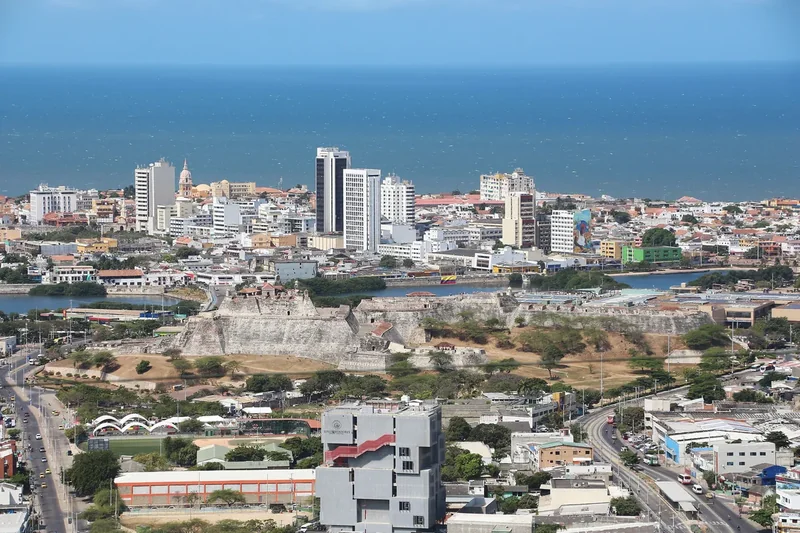 Cartagena seen from La Popa hill, the city and the towers of Bocagrande by the sea