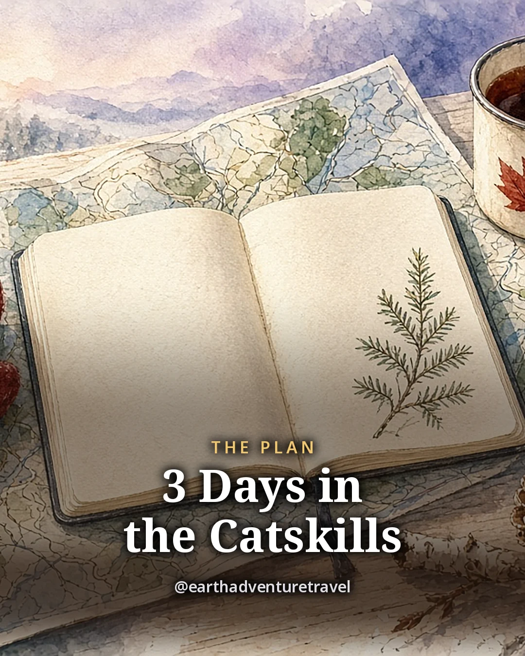 Illustration: an open notebook with a sketch of a hemlock sprig, a folded mountain map and a mug of coffee on a wooden table, original illustrated plan card