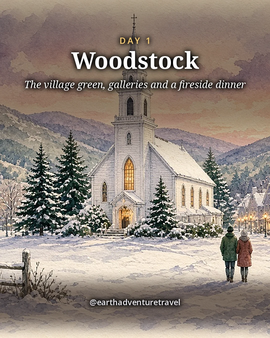 Illustration: a snowy village green with a white church, lamplit shopfronts and bare trees at dusk in Woodstock, illustrated day card for Day 1