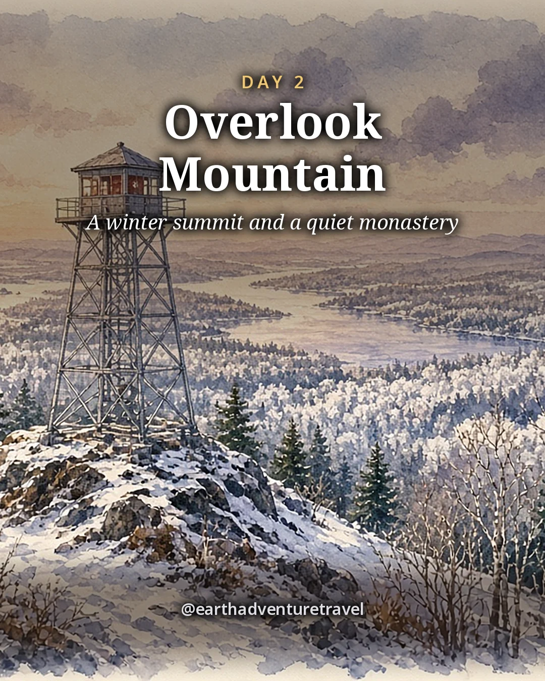 Illustration: a steel fire tower on a snowy wooded summit above layered blue winter ridges, illustrated day card for Day 2