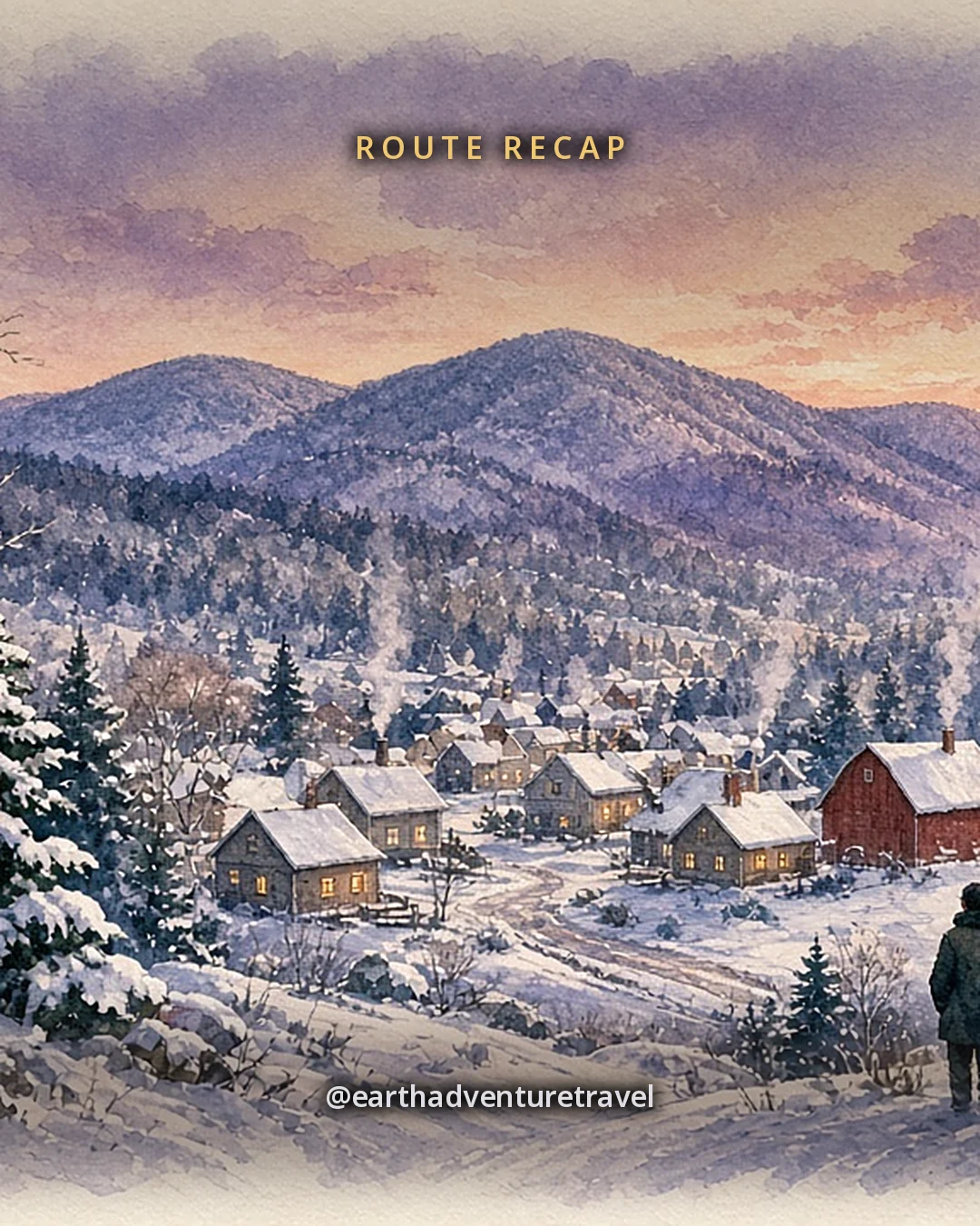 Illustration: a snowy valley village of red and white houses below a rounded wooded mountain under a violet winter dusk, original illustrated recap card