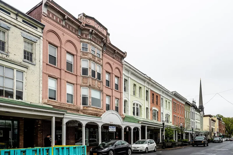 Historic brick buildings with arcades in the Stockade District of Kingston, New York