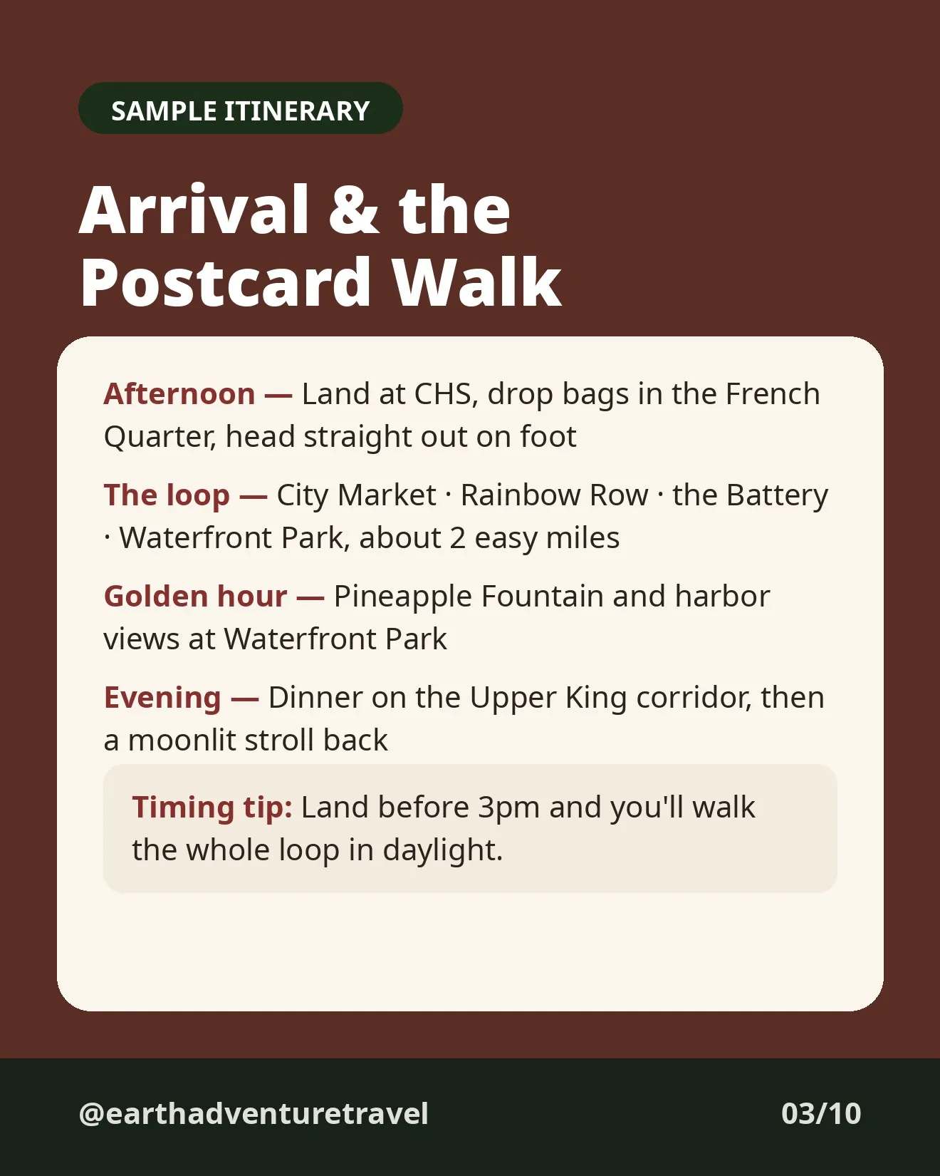 Day 1 itinerary graphic for Charleston arrival and the postcard walk