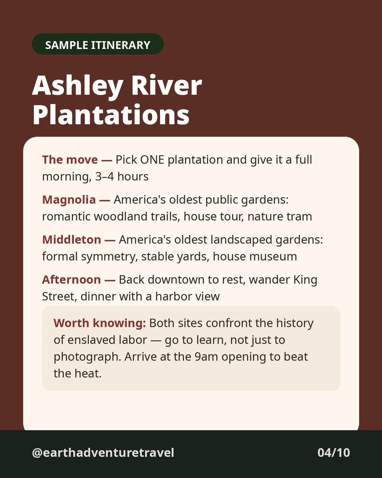 Day 2 itinerary graphic for Ashley River plantations