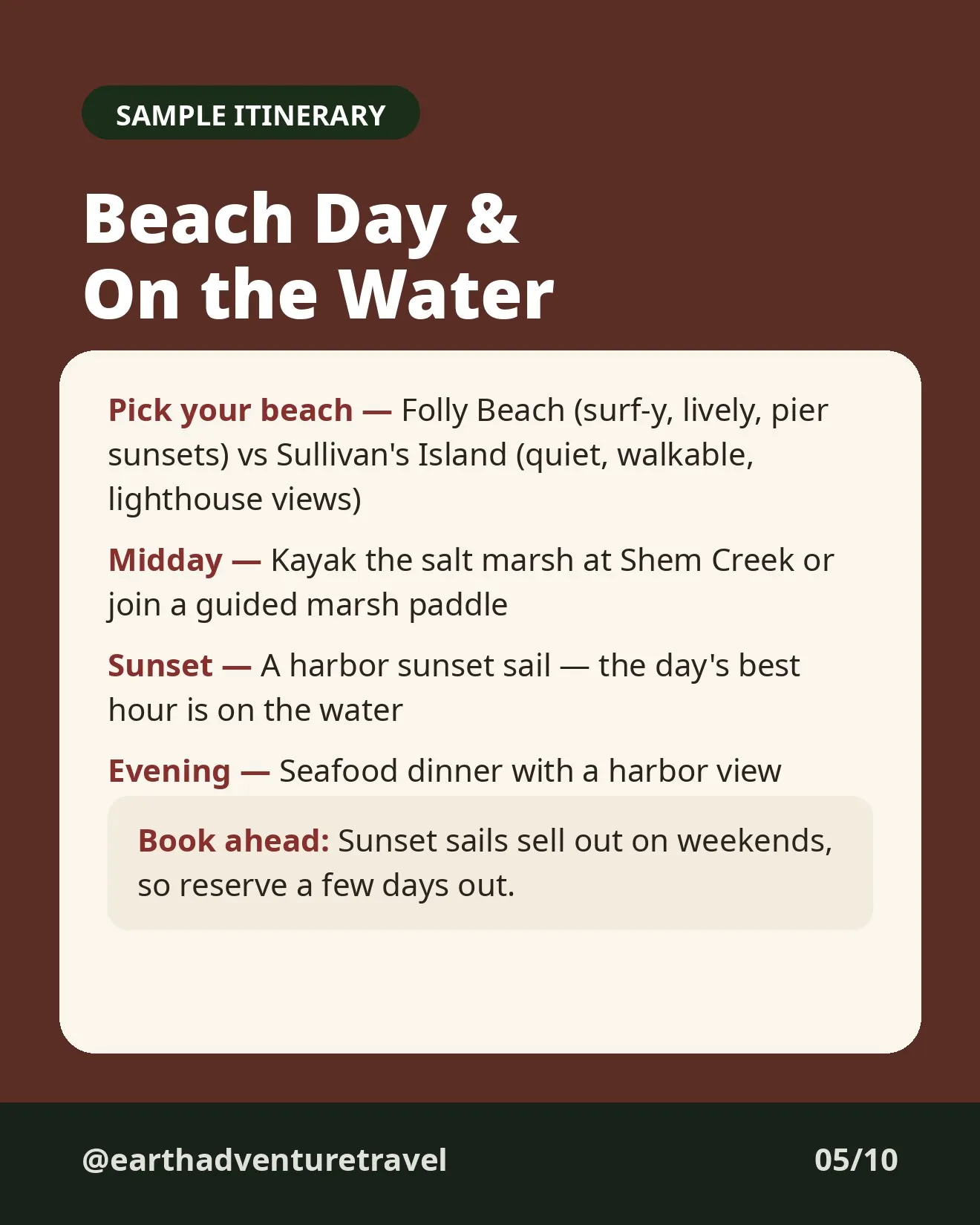 Day 3 itinerary graphic for beach day and harbor sunset
