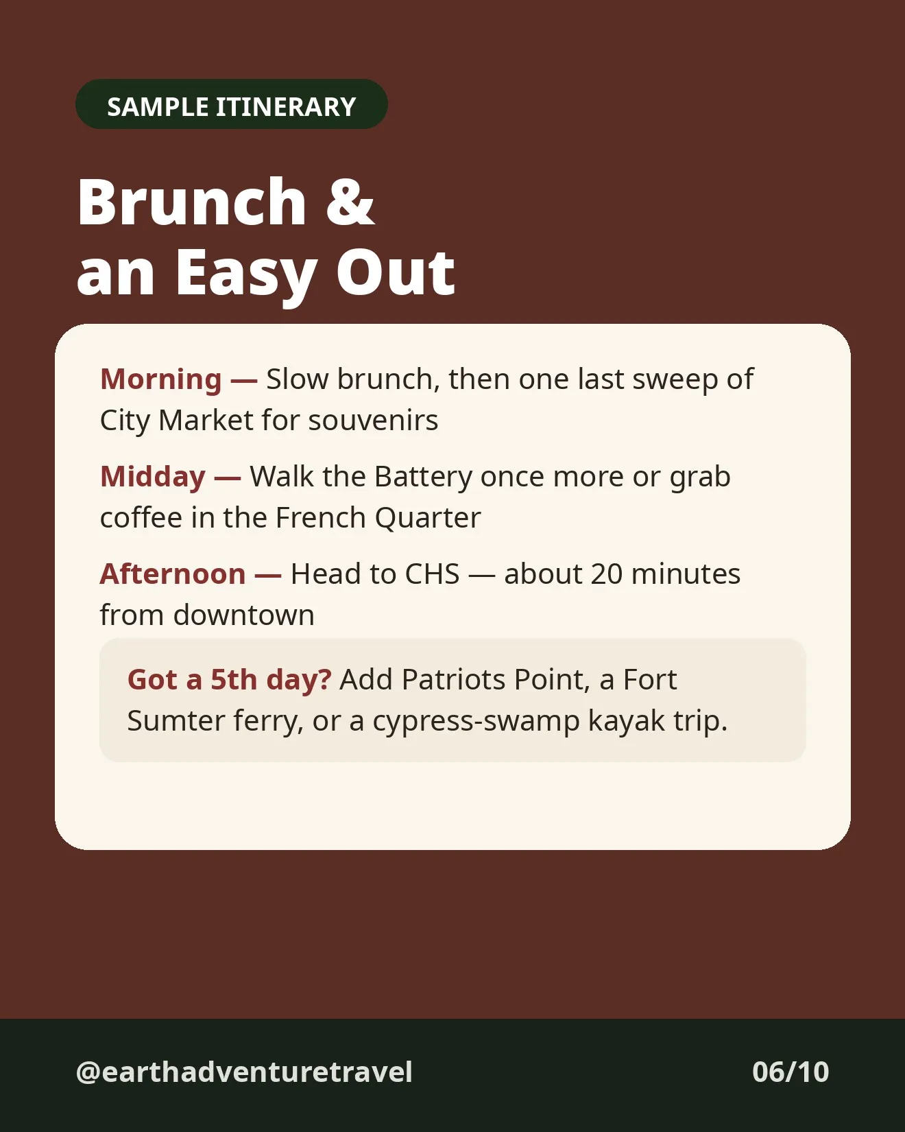 Day 4 itinerary graphic for market, brunch and departure