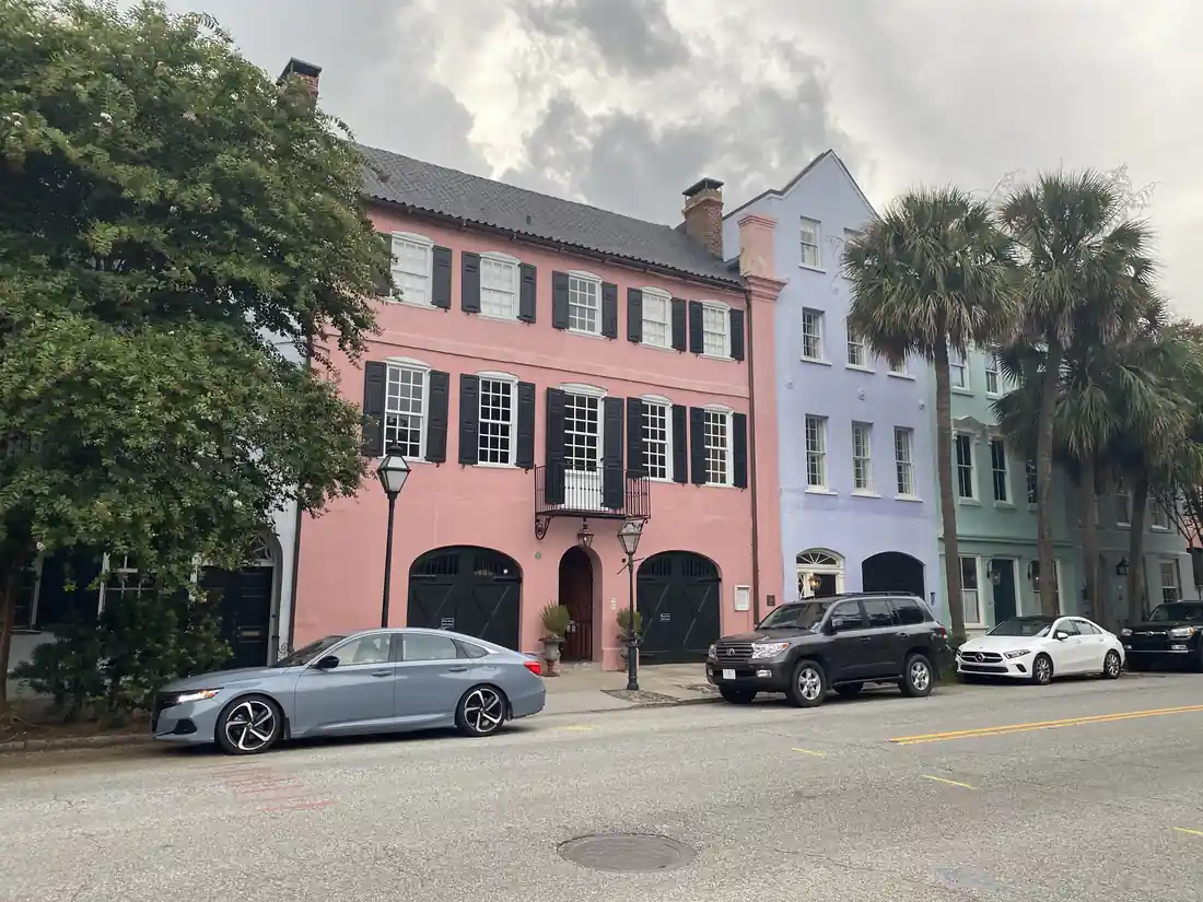 Rainbow Row pastel houses on East Bay Street, Charleston