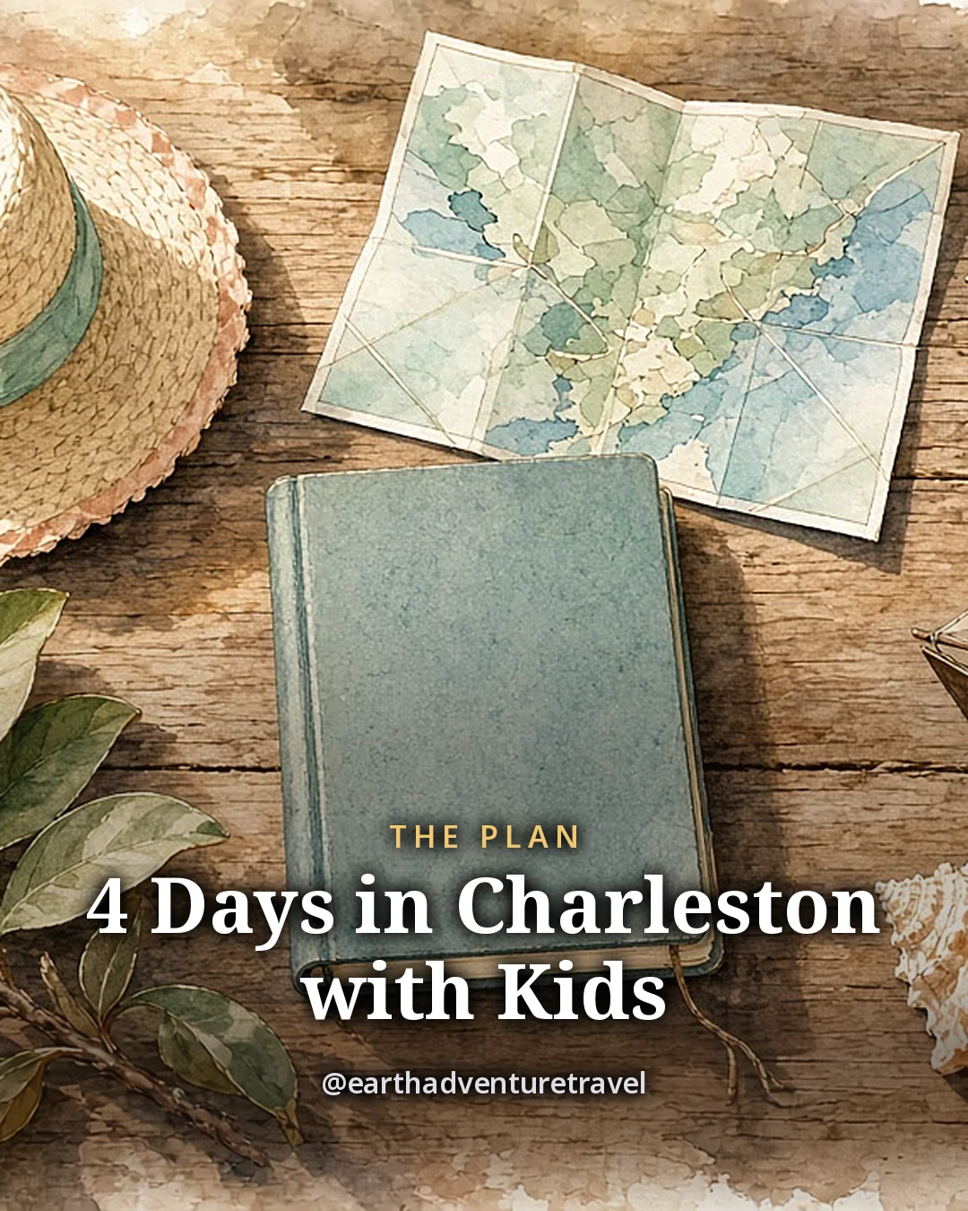 Illustration: a closed travel notebook, a folded blank map, a child’s sun hat, small binoculars, a toy sailing ship, a seashell and a paper bag of benne wafers on a sunny wooden table, original illustrated plan card
