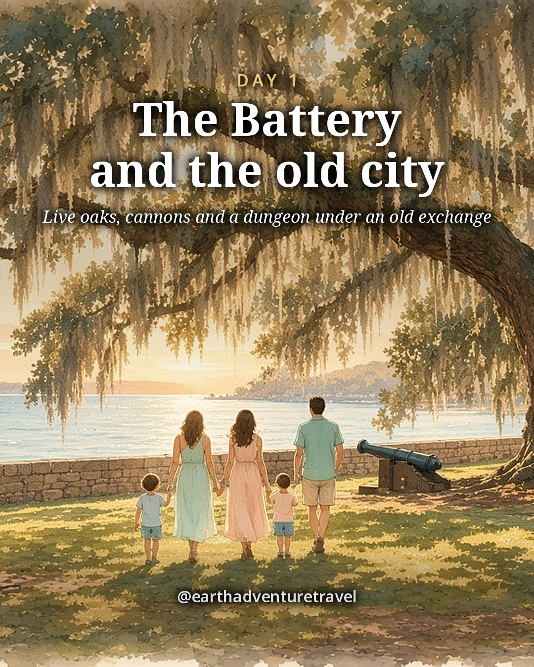 Illustration: a seawall promenade lined with pastel mansions and palmettos, old cannons under live oaks in a harbour-side park, illustrated day card for Day 1
