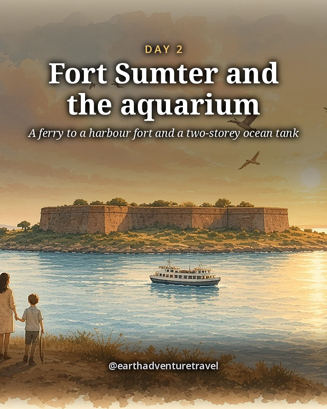 Illustration: a low brick fort on a small island in a wide blue harbour with a ferry approaching and a flag flying, illustrated day card for Day 2
