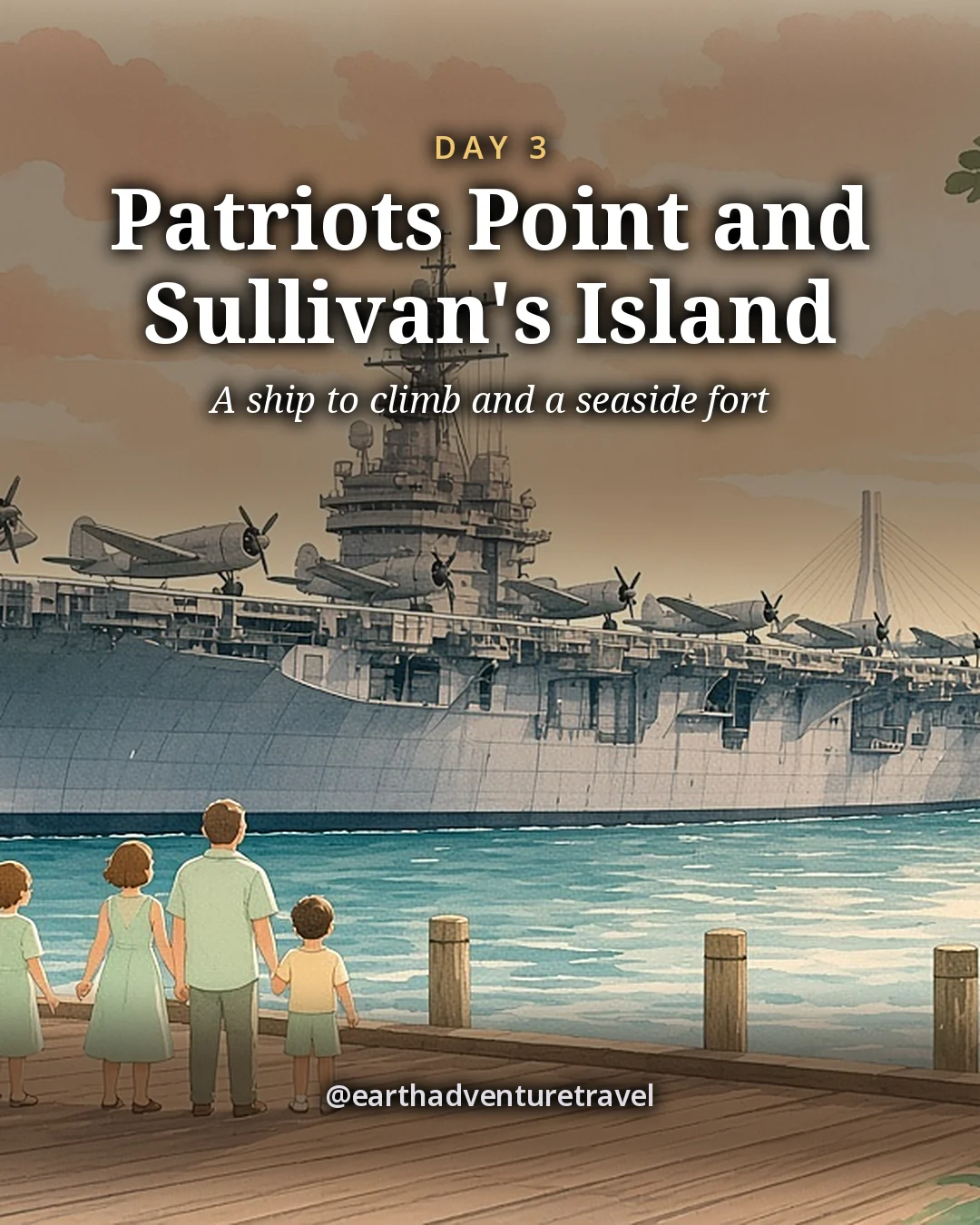 Illustration: a huge grey aircraft carrier moored at a pier with planes on its deck and a cable-stayed bridge behind, illustrated day card for Day 3