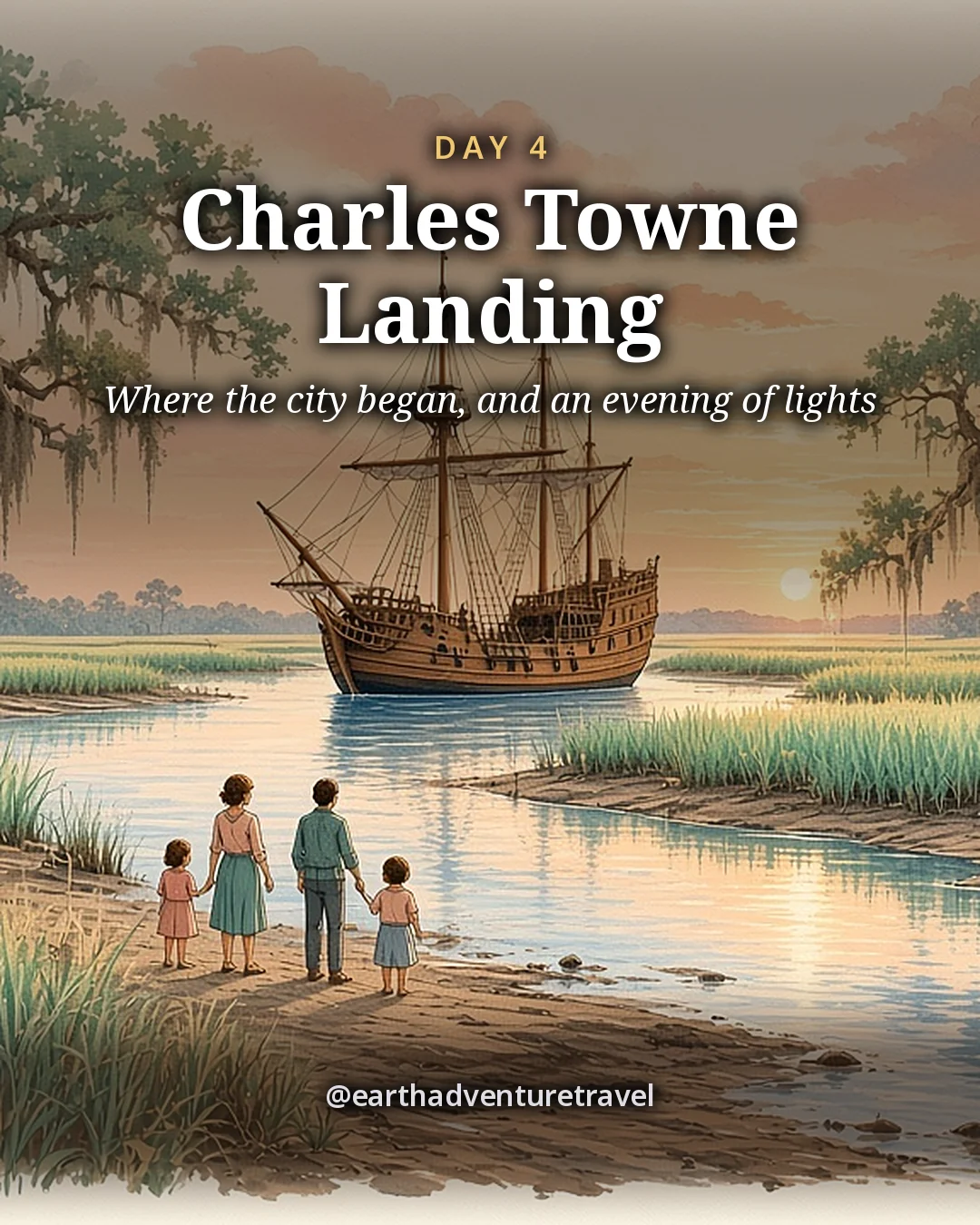 Illustration: a wooden replica sailing ship moored on a quiet marsh creek under live oaks hung with Spanish moss, illustrated day card for Day 4