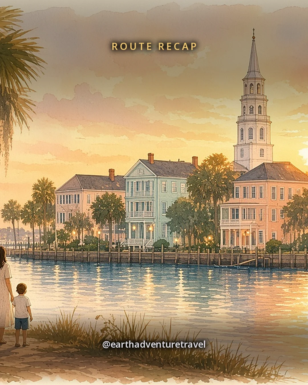 Illustration: Charleston harbour at sunset from the seawall, pastel houses and church steeples behind, a low fort on the water and a ferry heading home, original illustrated recap card