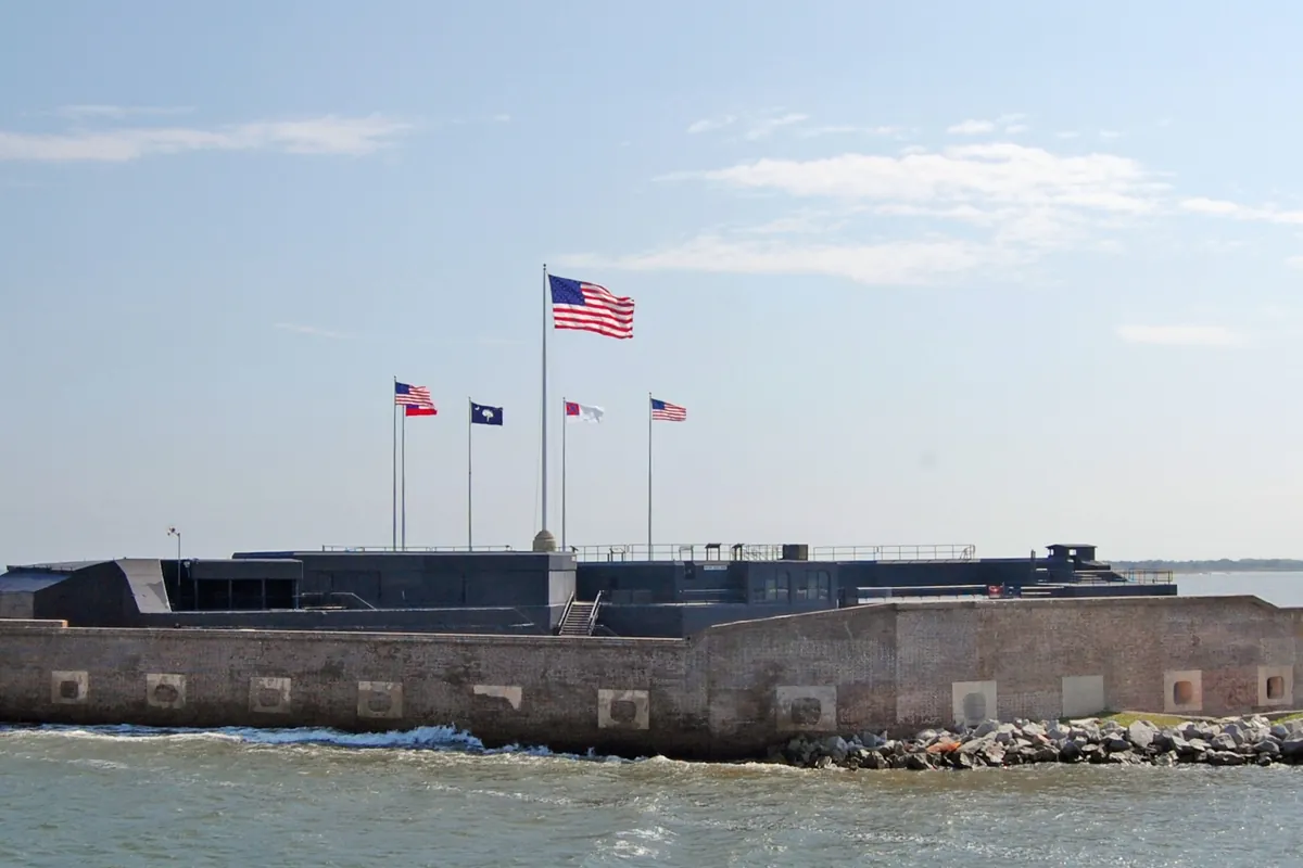 Fort Sumter, a low brick fort on an island in Charleston harbour