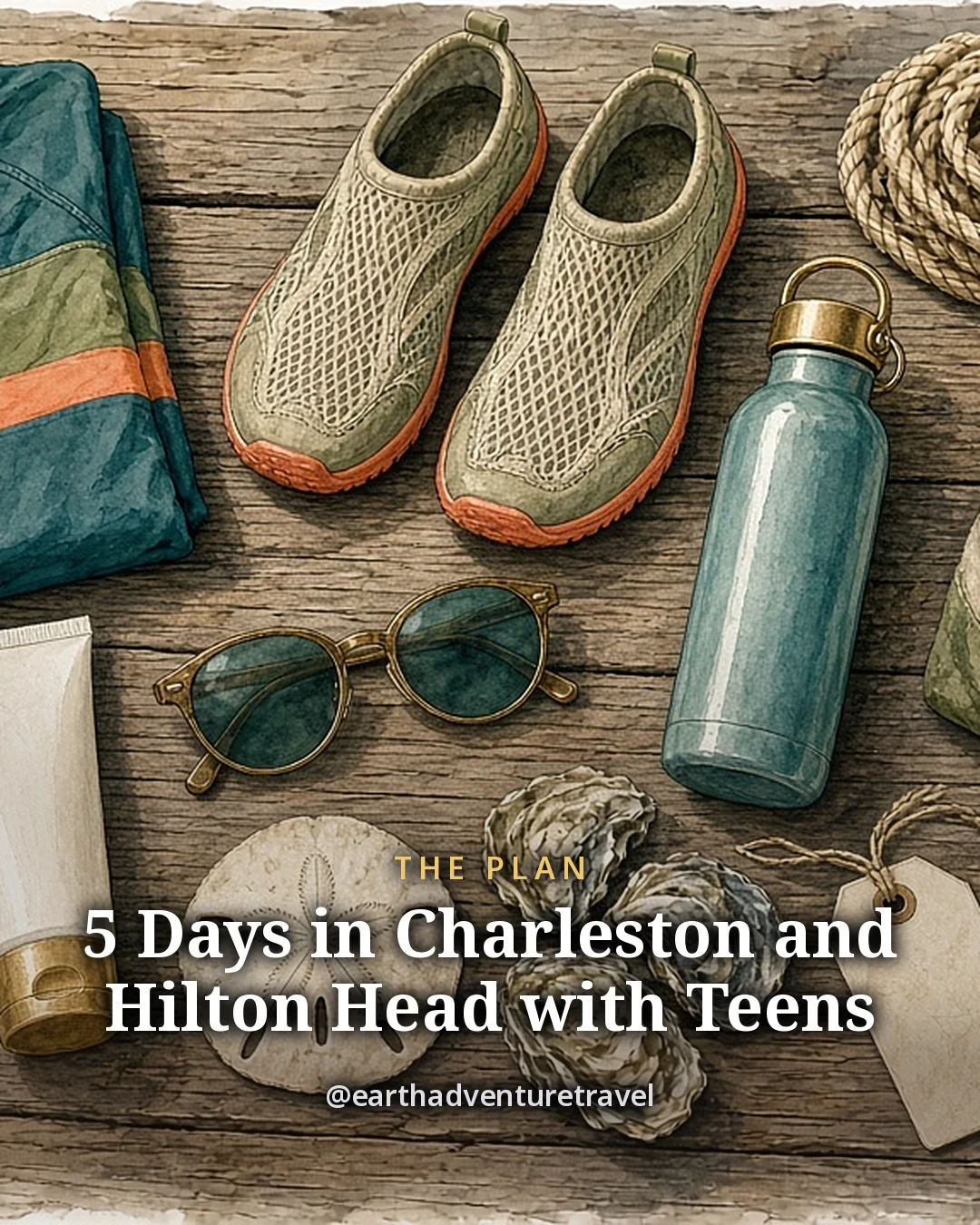 Illustration: a rash guard, water shoes, a coil of rope, a water bottle, a canvas tote, surf wax, sunscreen, sunglasses, a sand dollar and a few oyster shells laid out on weathered boards, original illustrated plan card for 5 days in Charleston and Hilton Head