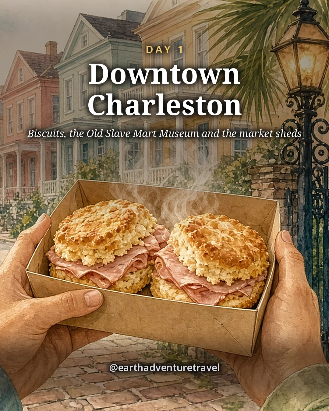 Illustration: hands holding an open box of warm biscuits on a Charleston sidewalk, with pastel row houses, a palmetto and a wrought-iron gate soft behind, illustrated day card for Day 1