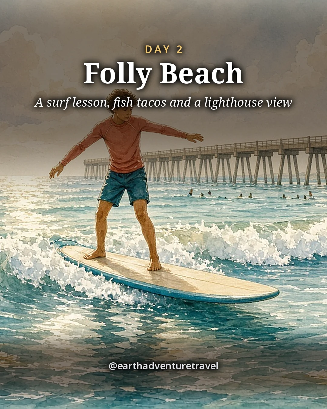 Illustration: a teenager riding a small wave on a soft-top surfboard with a long fishing pier behind, illustrated day card for Day 2
