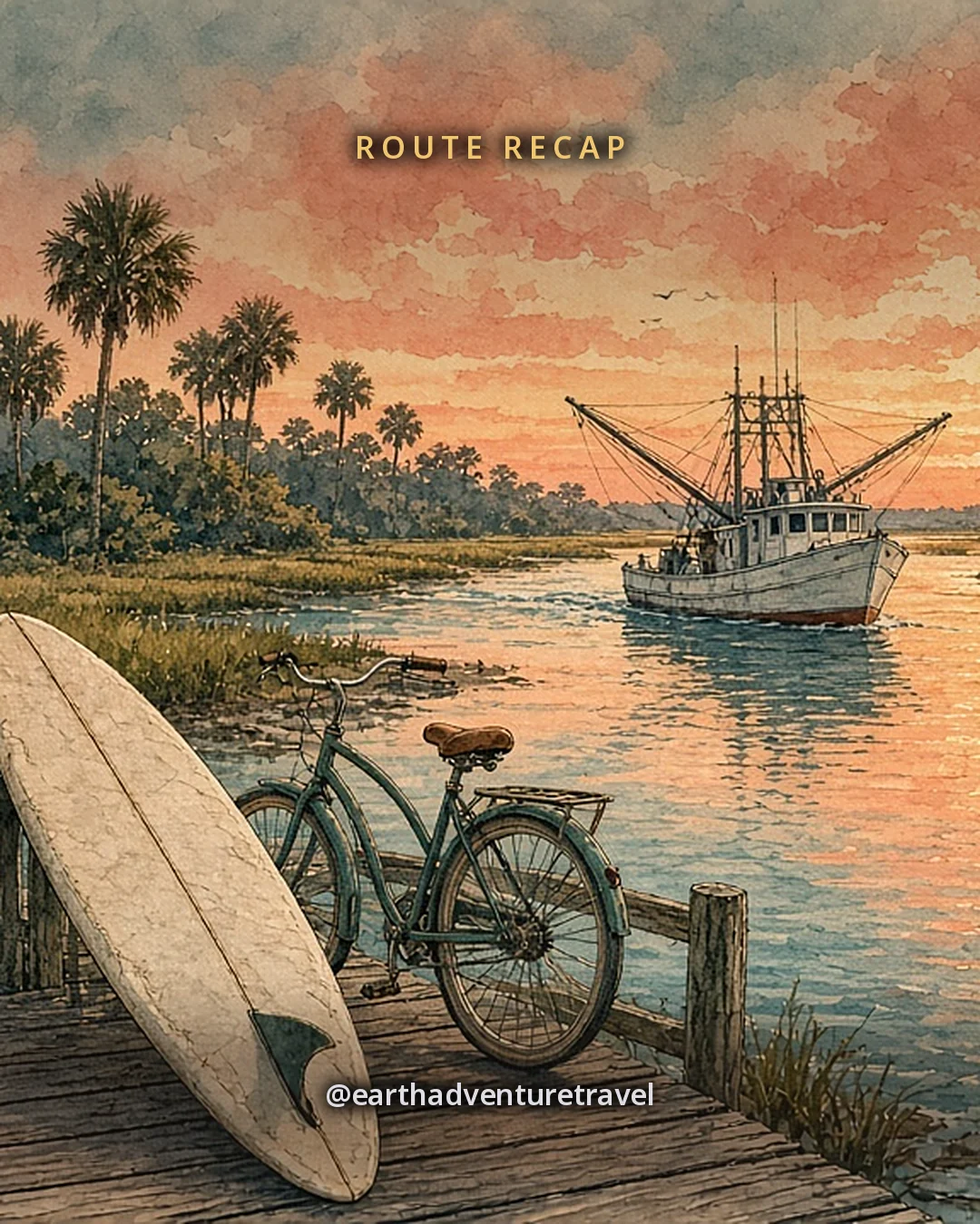 Illustration: a wooden dock at sunset with a surfboard and a beach cruiser resting on it, a shrimp boat on the calm water and marsh grass glowing behind, original illustrated recap card