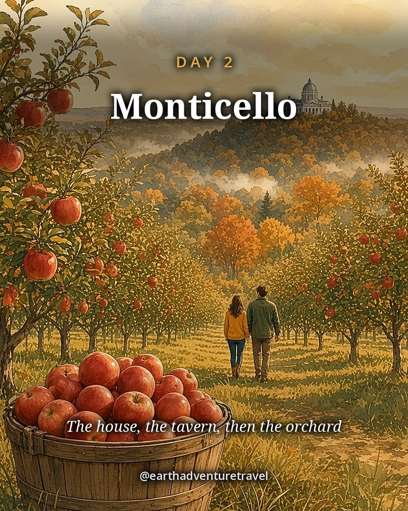 Illustration: the west front of Monticello with its dome above the lawn and autumn trees, original illustrated day card