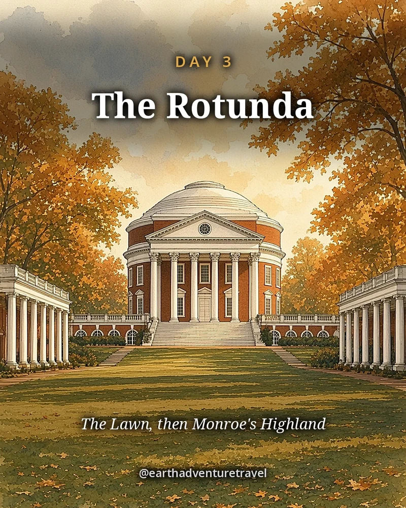 Illustration: the Rotunda at the University of Virginia above the terraced Lawn and its colonnades in autumn, original illustrated day card