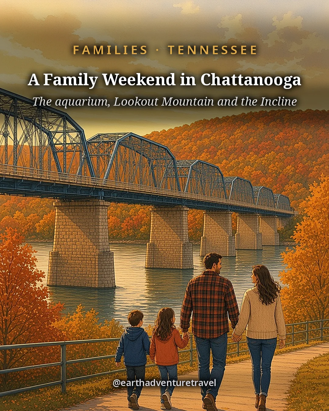 Illustration: the cover for A Family Weekend in Chattanooga, the river and the Walnut Street Bridge with Lookout Mountain behind