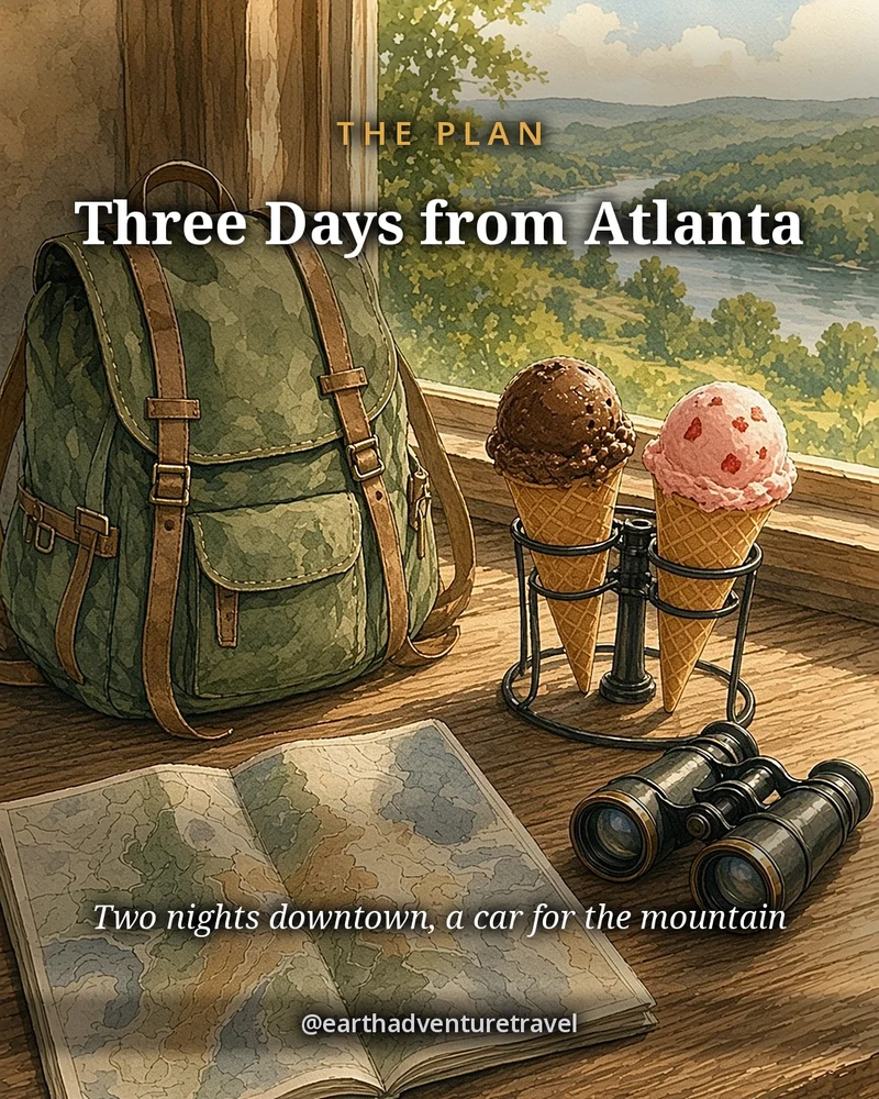 Illustration: an overhead flat lay for a Chattanooga family weekend, with a toy train, a turtle, a ticket and a map, original illustrated plan card