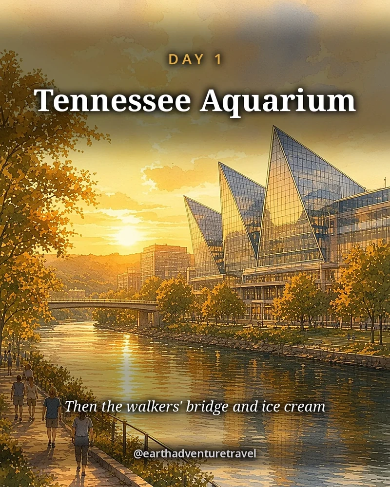 Illustration: the glass peaks of the Tennessee Aquarium on the riverfront, with a turtle in the foreground, original illustrated day card