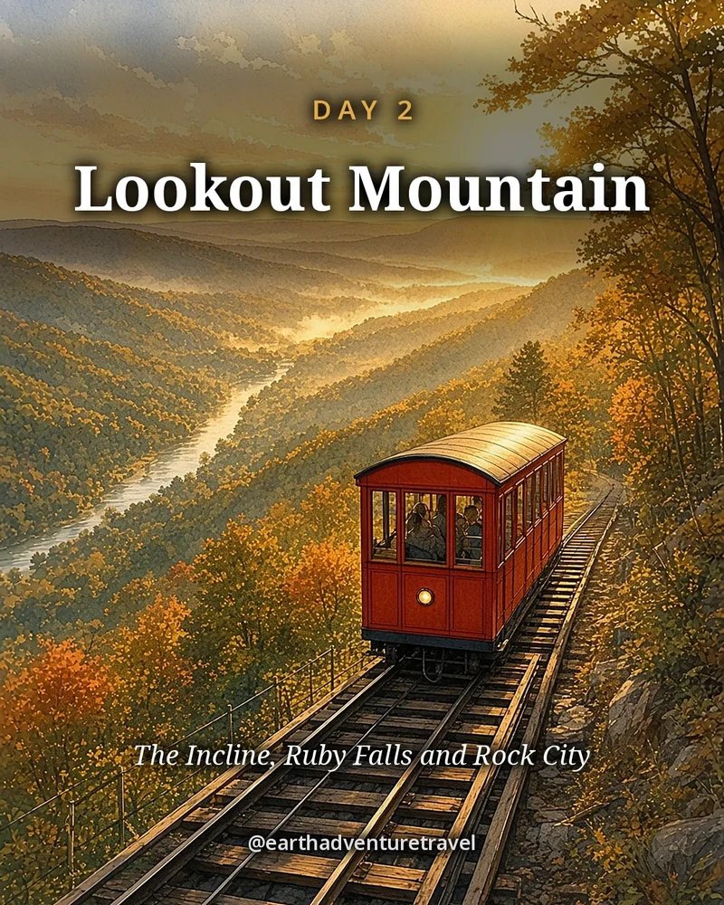 Illustration: the Incline Railway climbing Lookout Mountain above the city and the river bend, original illustrated day card