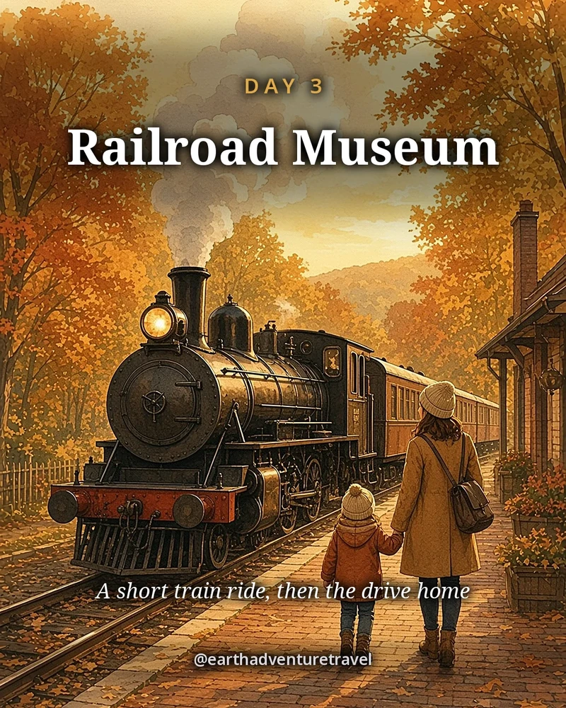 Illustration: a heritage train at the Tennessee Valley Railroad Museum station with a water tower, original illustrated day card