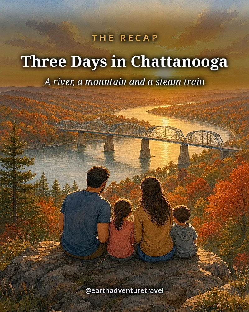 Illustration: the river, the footbridge and Lookout Mountain with a steam train, original illustrated recap card