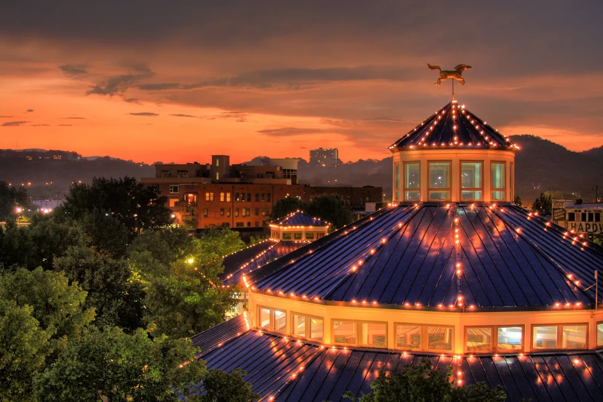 The Coolidge Park carousel lit at dusk on Chattanooga’s North Shore