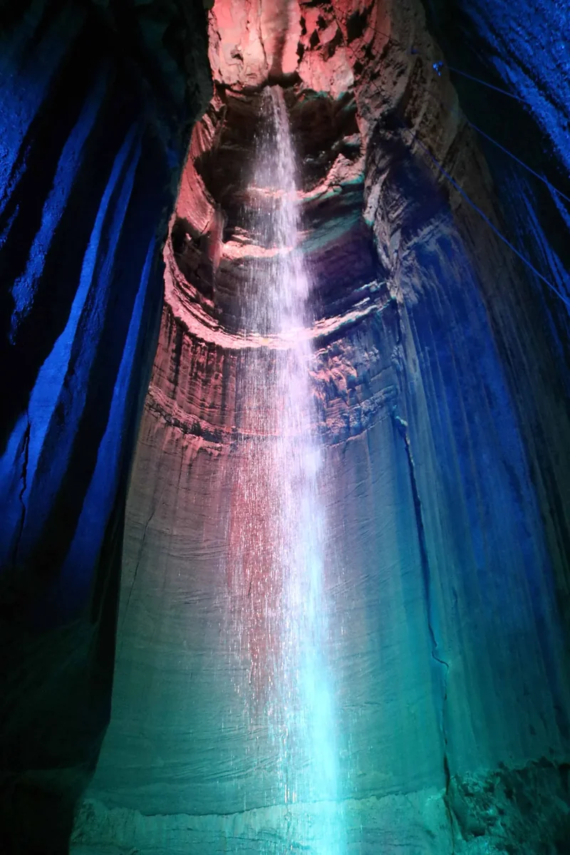 Ruby Falls, an underground waterfall lit in colour deep inside Lookout Mountain