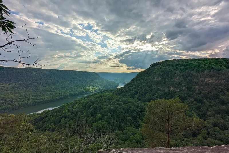 Clouds and low sun over the forested Tennessee River Gorge, the river winding between steep green ridges
