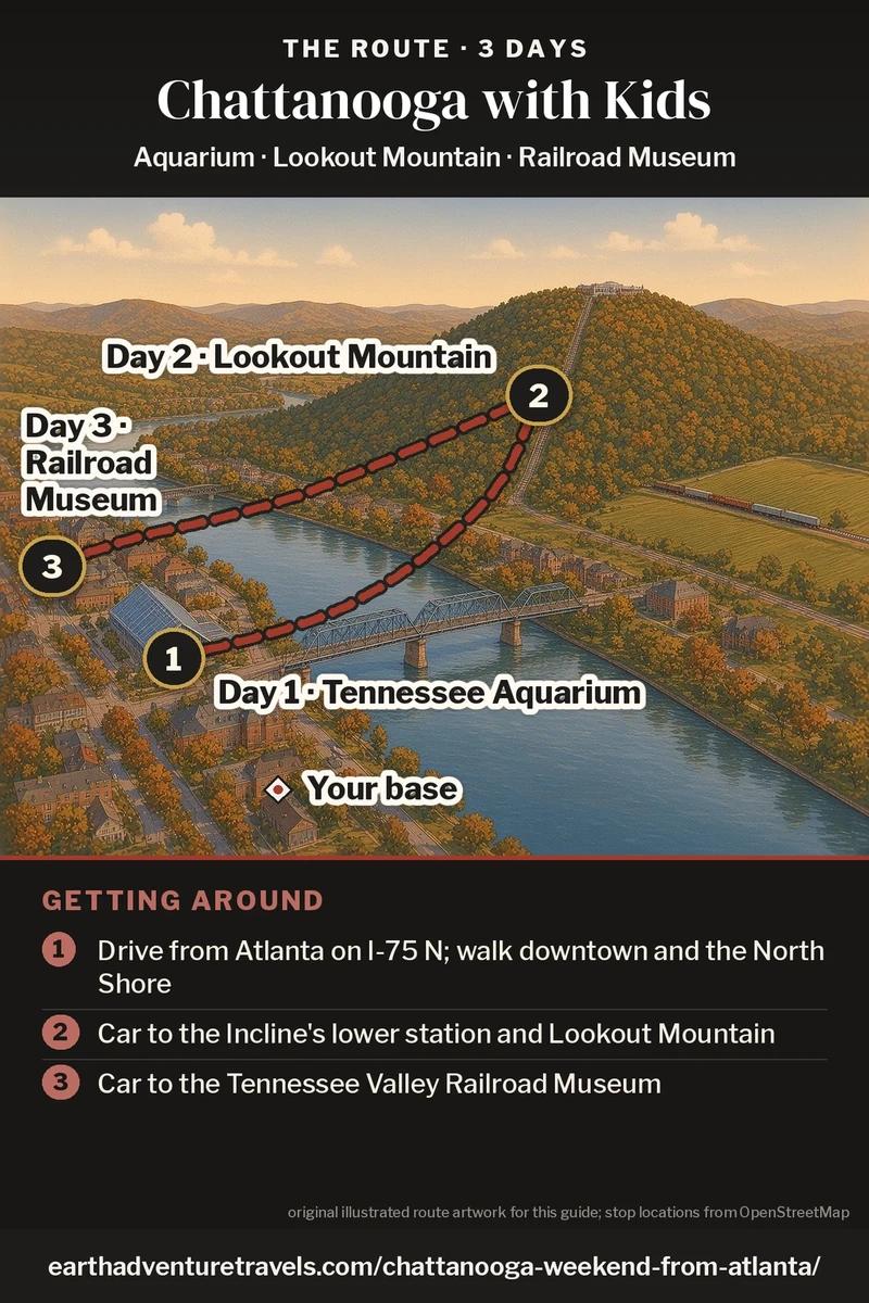 Illustration: a bird’s-eye view of Chattanooga in autumn, the Tennessee River and the Walnut Street Bridge in front of downtown, Lookout Mountain and its incline behind, with the three-day route: Day 1 the Tennessee Aquarium, Day 2 Lookout Mountain, Day 3 the Railroad Museum.