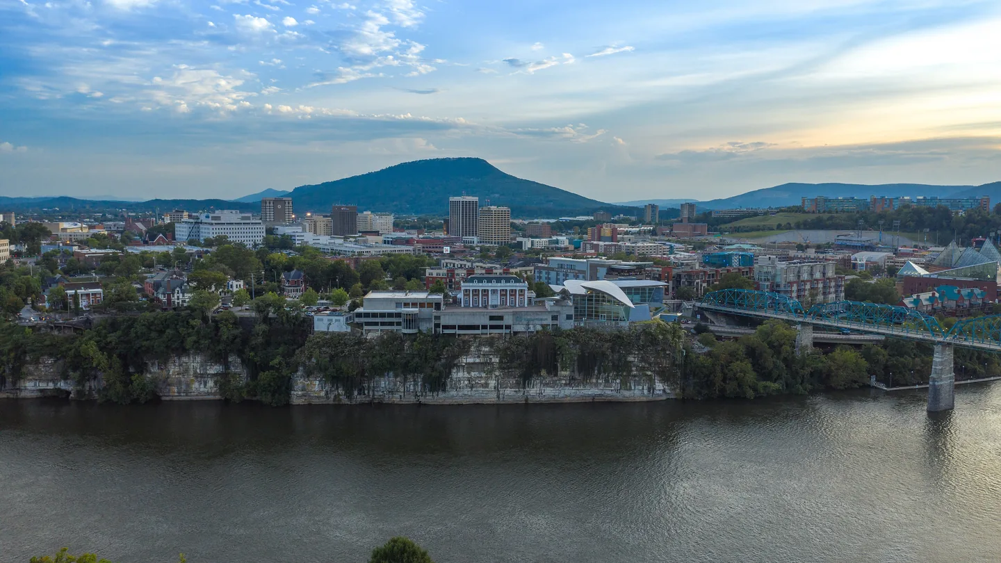 Downtown Chattanooga on its river bluff, with Lookout Mountain on the skyline