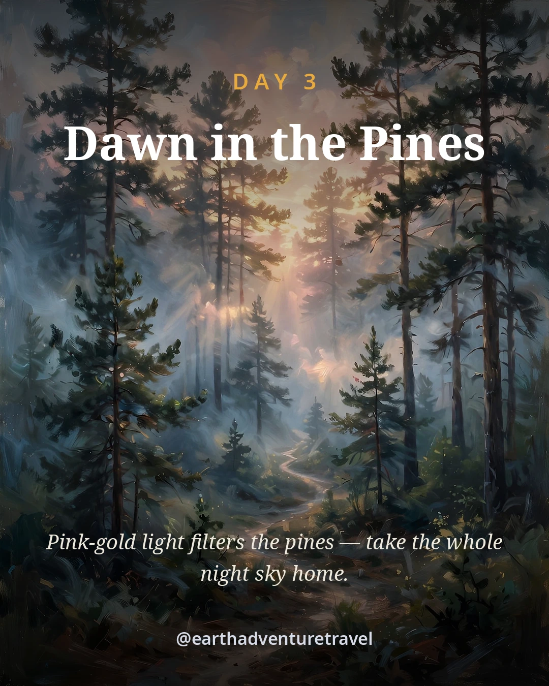 Day 3 graphic: misty dawn light filtering through Pennsylvania pines