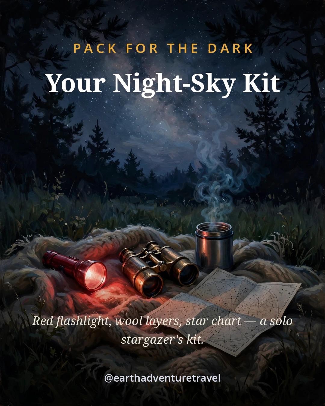 Packing graphic for the Cherry Springs dark sky solo itinerary: red flashlight, warm layers, and binoculars