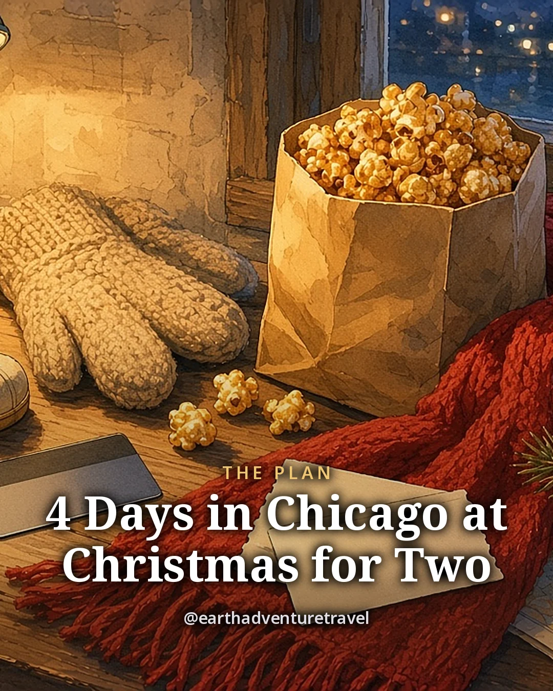 Illustration: a red knit scarf, wool mittens, a pair of white boot-shaped market mugs, a paper bag of caramel popcorn, a transit card and folded tickets on a wooden table under a lamp, original illustrated plan card for 4 days in Chicago at Christmas