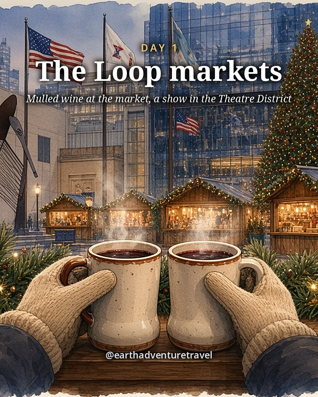 Illustration: two gloved hands holding steaming mugs on a market counter with heart-shaped gingerbread, lit wooden market huts, a tall Christmas tree and Loop towers behind, illustrated day card for Day 1