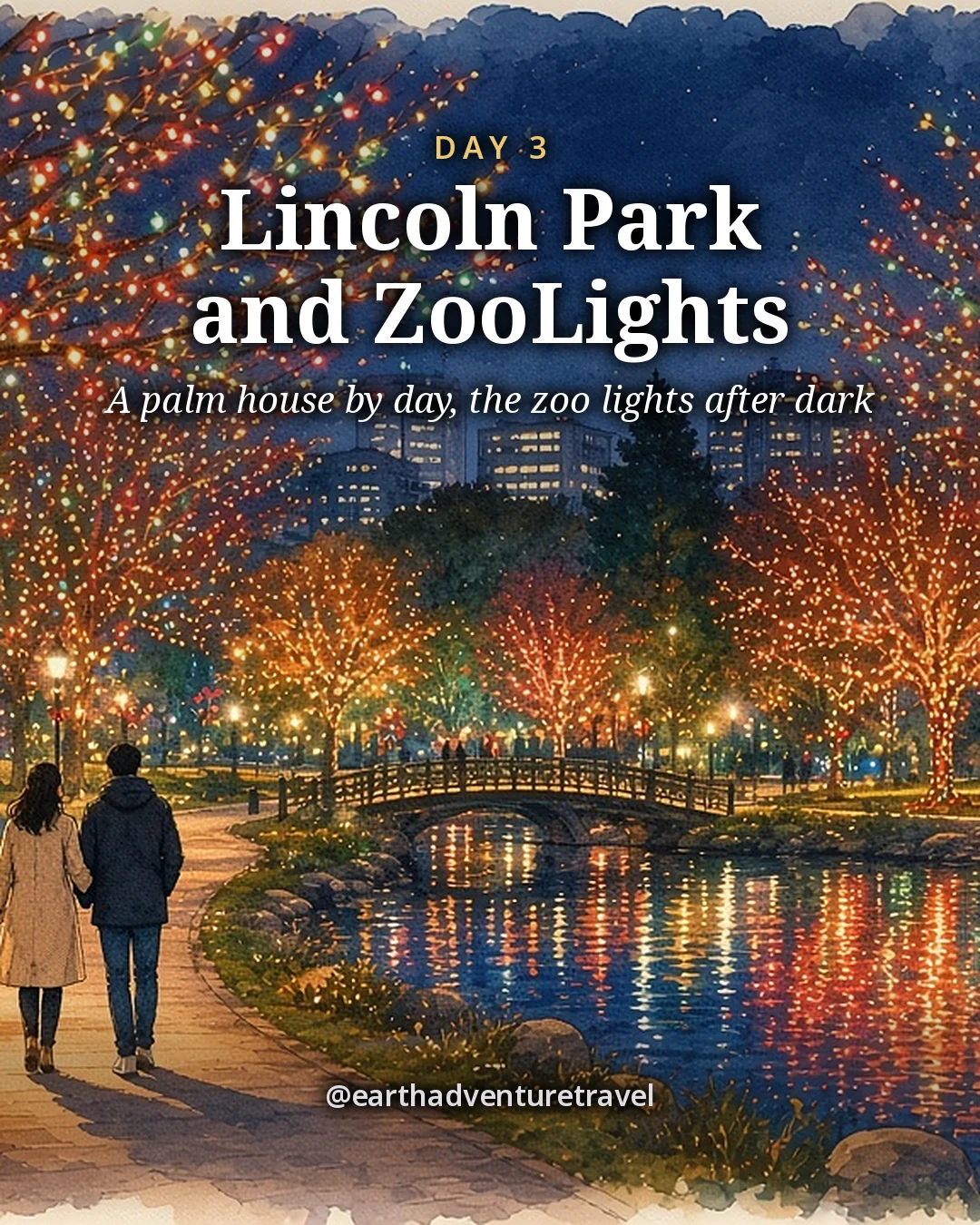 Illustration: a couple walking a lamplit path under trees wrapped in colored lights beside a pond, with a footbridge and the city skyline beyond, illustrated day card for Day 3